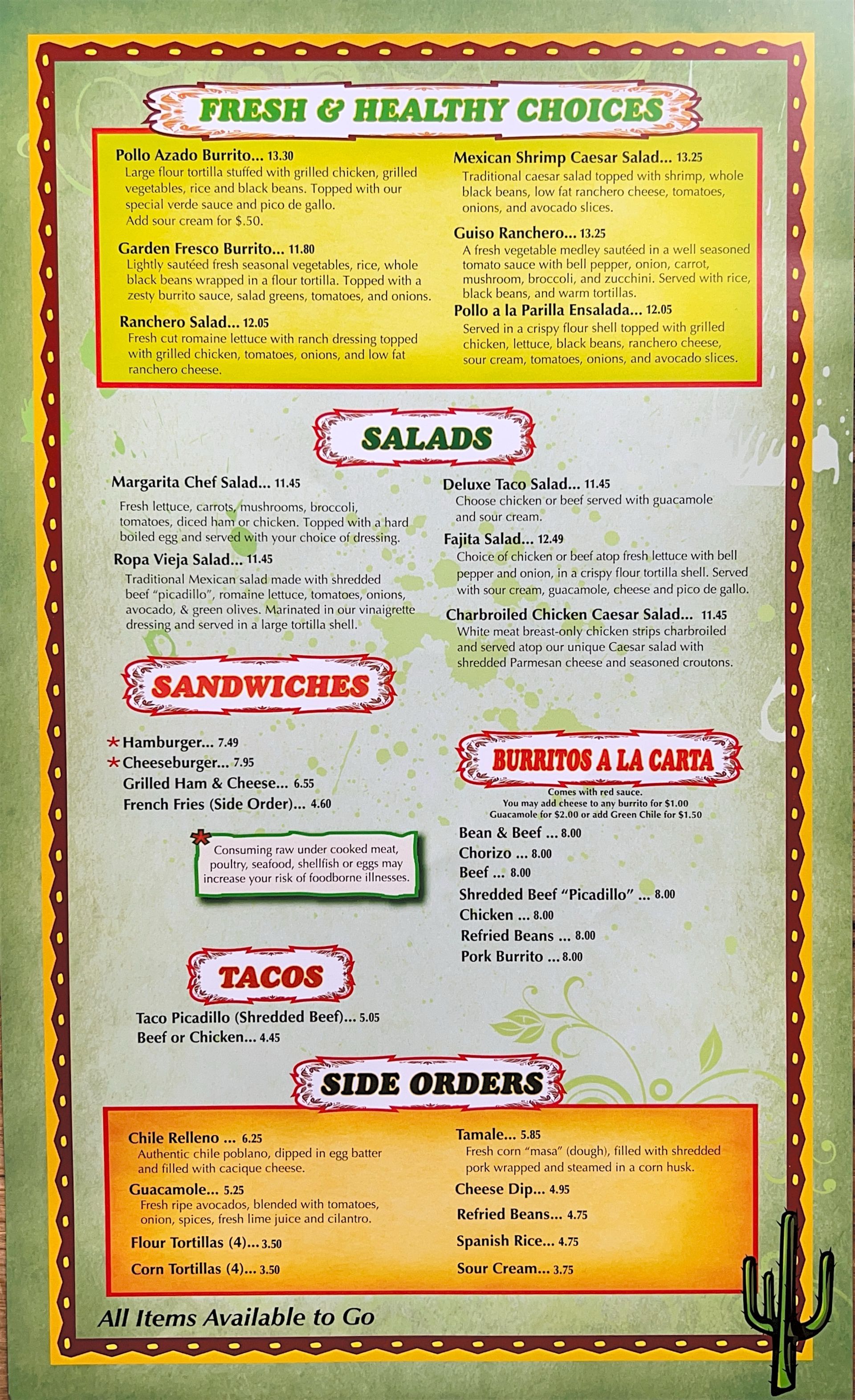 A menu for a restaurant with a cactus on it