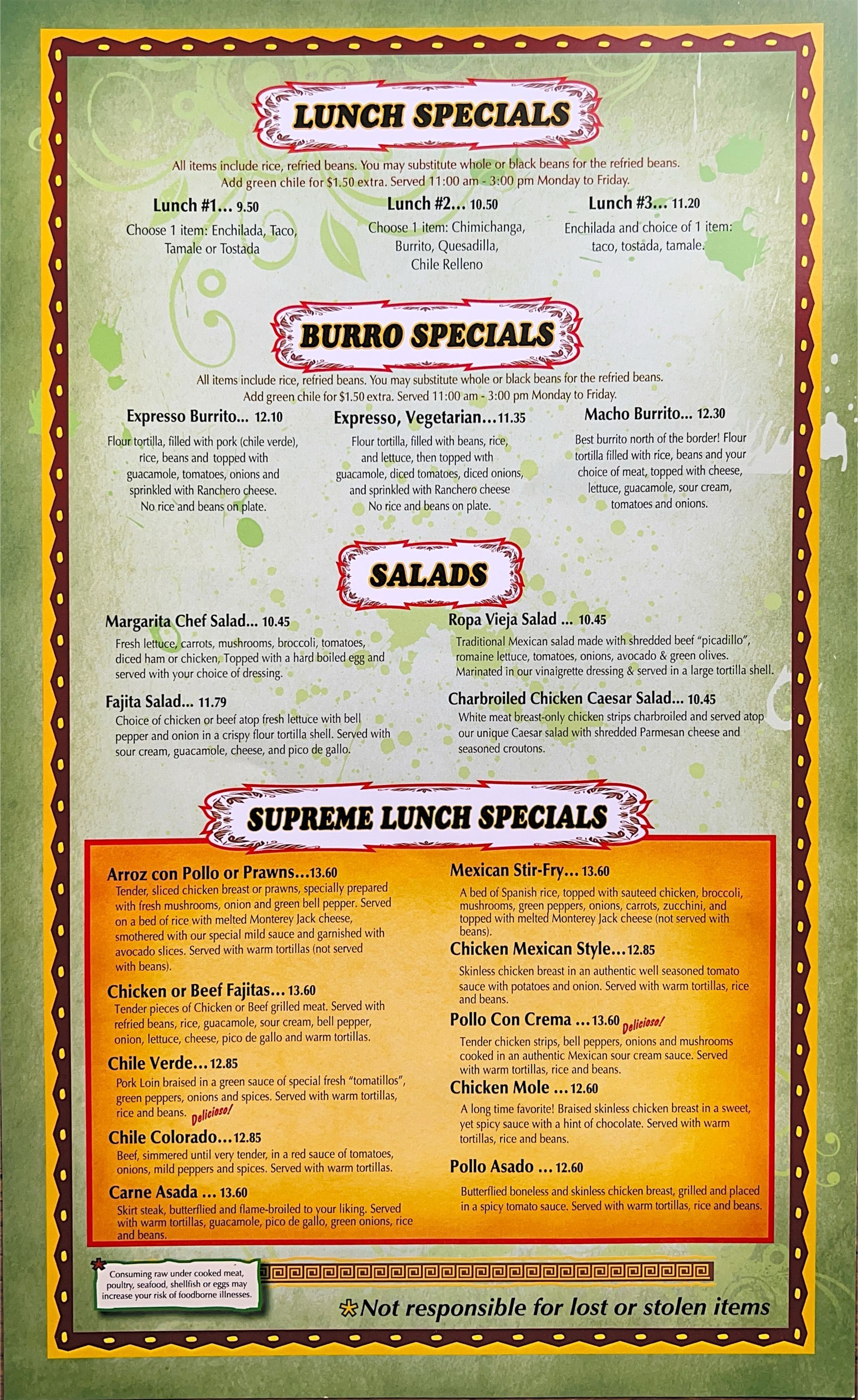 A menu for a restaurant shows the lunch specials and salads