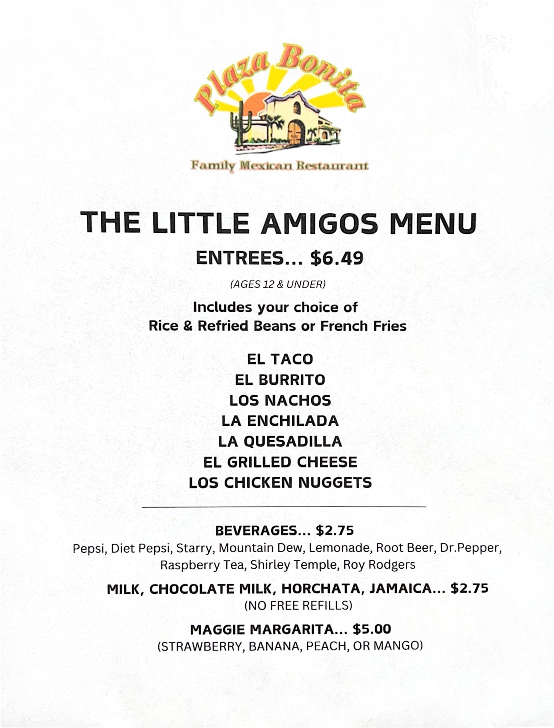 A menu for a restaurant called the little amigos menu