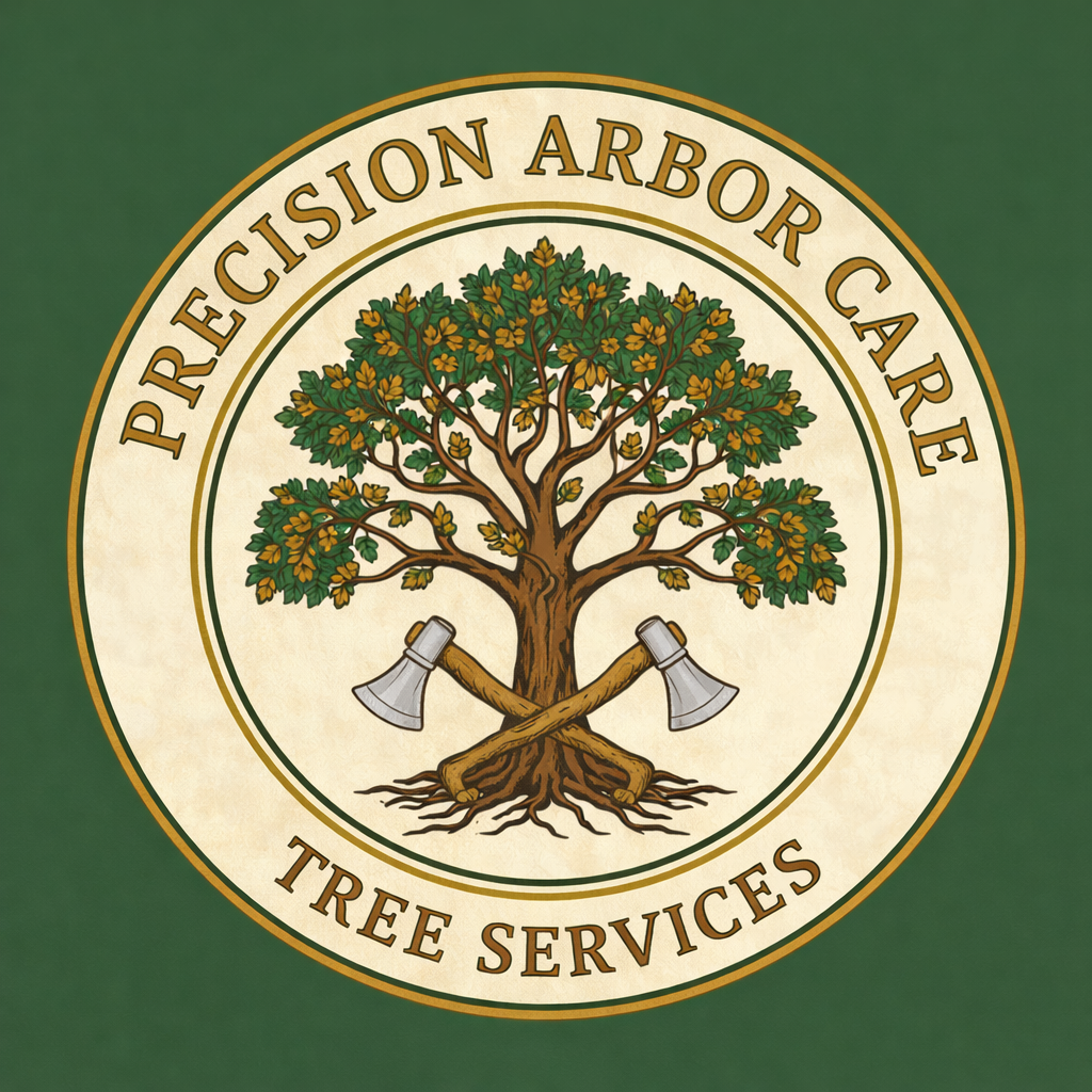 Logo for Precision Arbor Care: tree with crossed axes, surrounded by text "Precision Arbor Care, Tree Services."