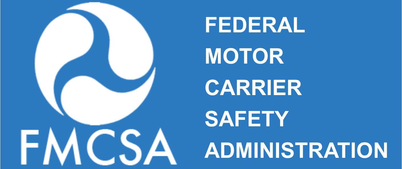 The Federal Motor Carrier Safety Administration (FMCSA) logo. White abstract symbol within a blue circle and text.