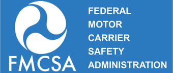 The Federal Motor Carrier Safety Administration (FMCSA) logo. White abstract symbol within a blue circle and text.