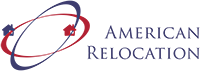 Logo for American Relocation featuring two overlapping ovals in red and blue with small house icons; text 