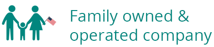 Icon of a family of three, with an American flag, and text that reads "Family owned & operated company."