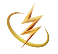 A gold lightning bolt is surrounded by a circle on a white background.