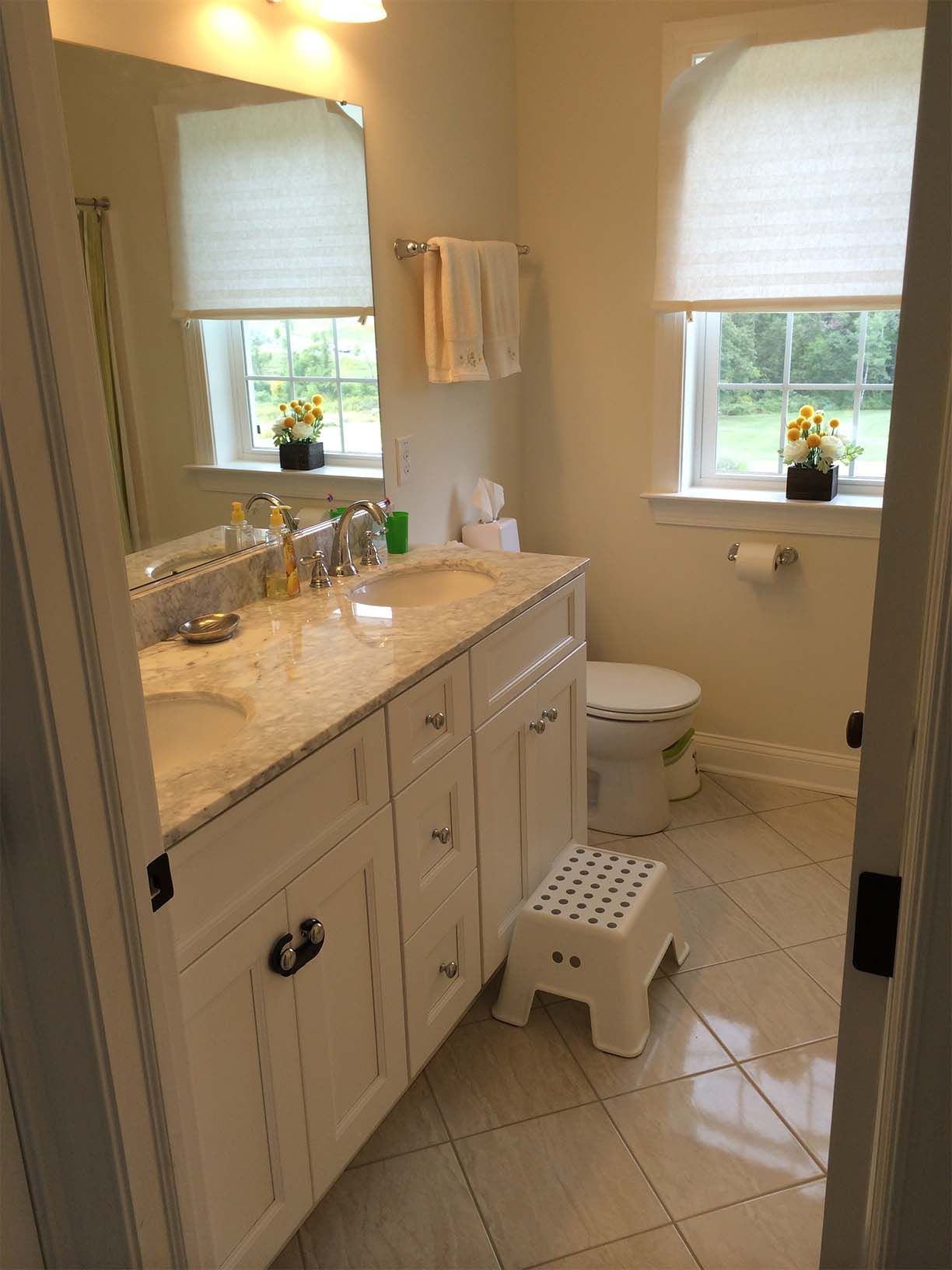 A bathroom with a sink , toilet , and mirror.