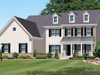 An artist 's impression of a house with black shutters