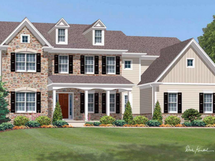 An artist 's impression of a house with black shutters