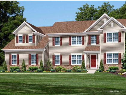 An artist 's impression of a house with red shutters