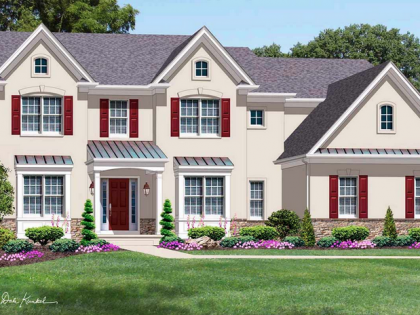 A large white house with red shutters on the windows