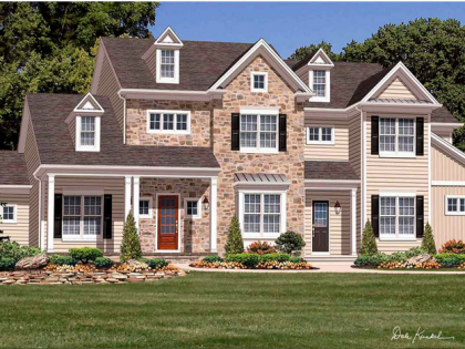 An artist 's impression of a large house with a brick facade