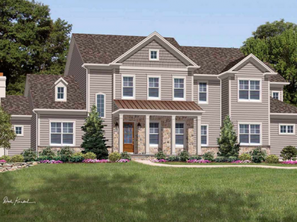 An artist 's impression of a large house with a porch