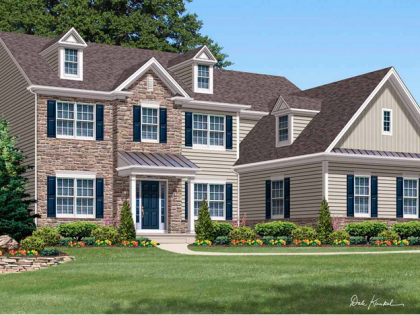 A large house with a brown roof and blue shutters