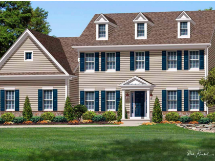 An artist 's impression of a house with blue shutters