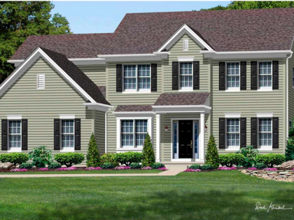 An artist 's impression of a house with black shutters