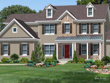 An artist 's impression of a house with a red door