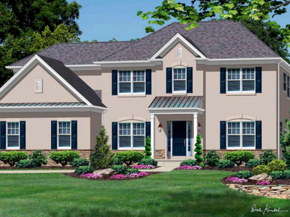 An artist 's impression of a house with blue shutters