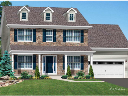 An artist 's impression of a brick house with blue shutters