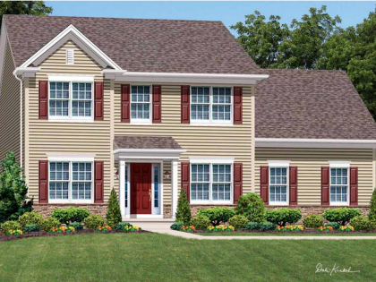 An artist 's impression of a house with red shutters