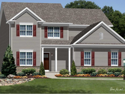 An artist 's impression of a house with red shutters