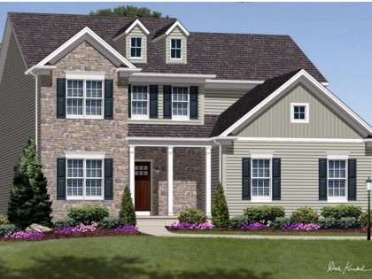 An artist 's impression of a house with black shutters