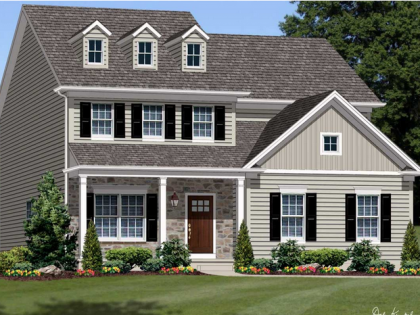 An artist 's impression of a house with black shutters