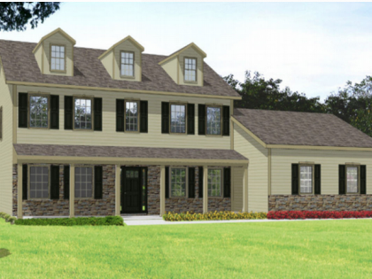 An artist 's impression of a house with black shutters