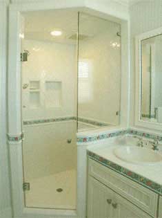 Custom Shower Enclosures — Neo-Angle Frameless Shower 10 in Santa Clarita, CA