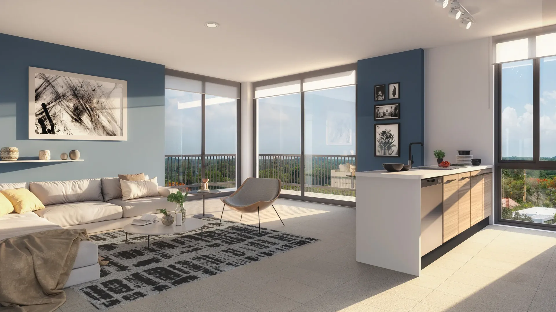 Interior view of a modern apartment living area with a beige sofa and open kitchen.