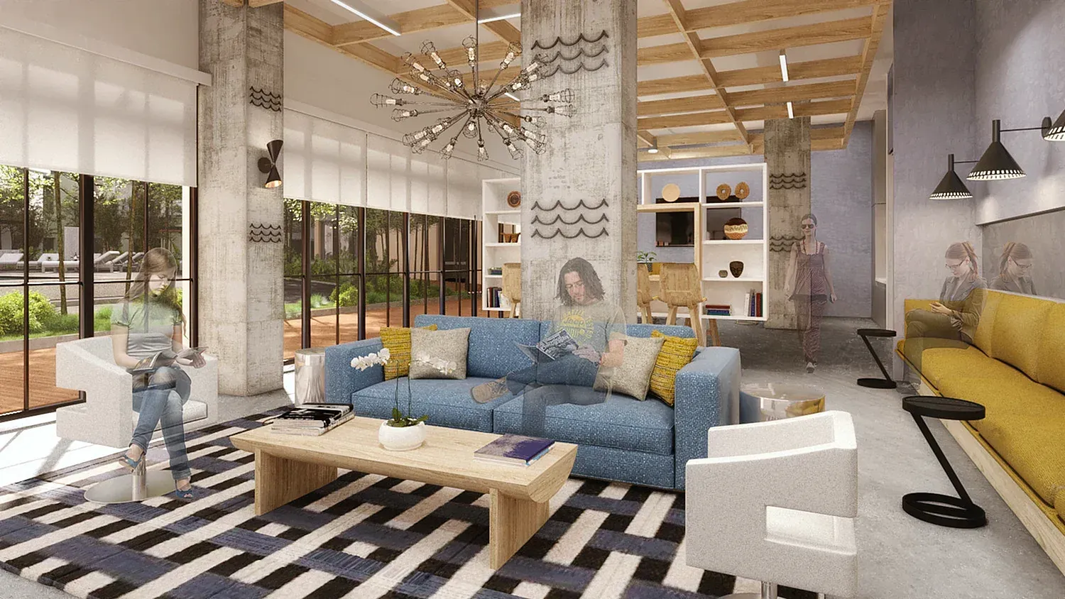 Modern apartment community lounge with blue sectional sofa and large windows.