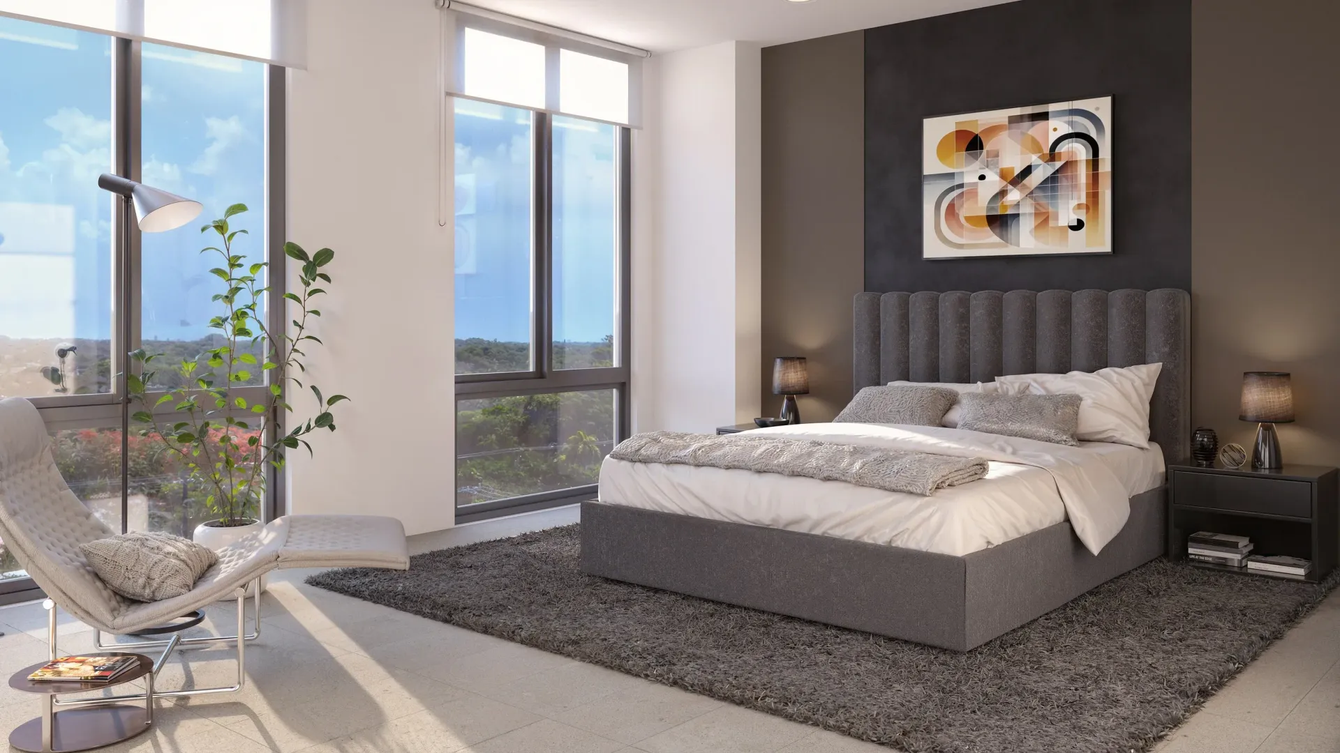 Modern apartment bedroom with large windows, gray upholstered bed, and nightstands.