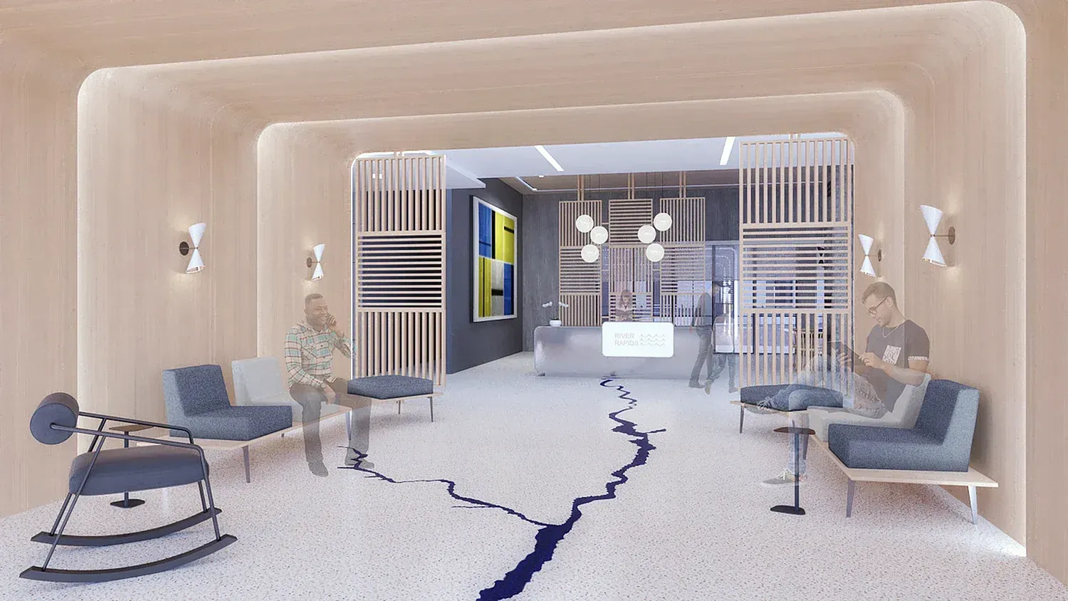 Modern apartment lobby with curved wooden walls, seating area, and a reception desk.