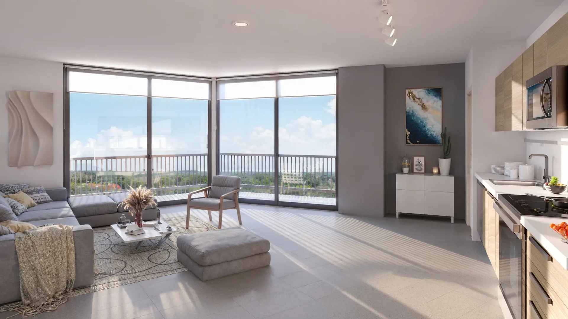 Bright open-plan living area with large windows and a balcony.