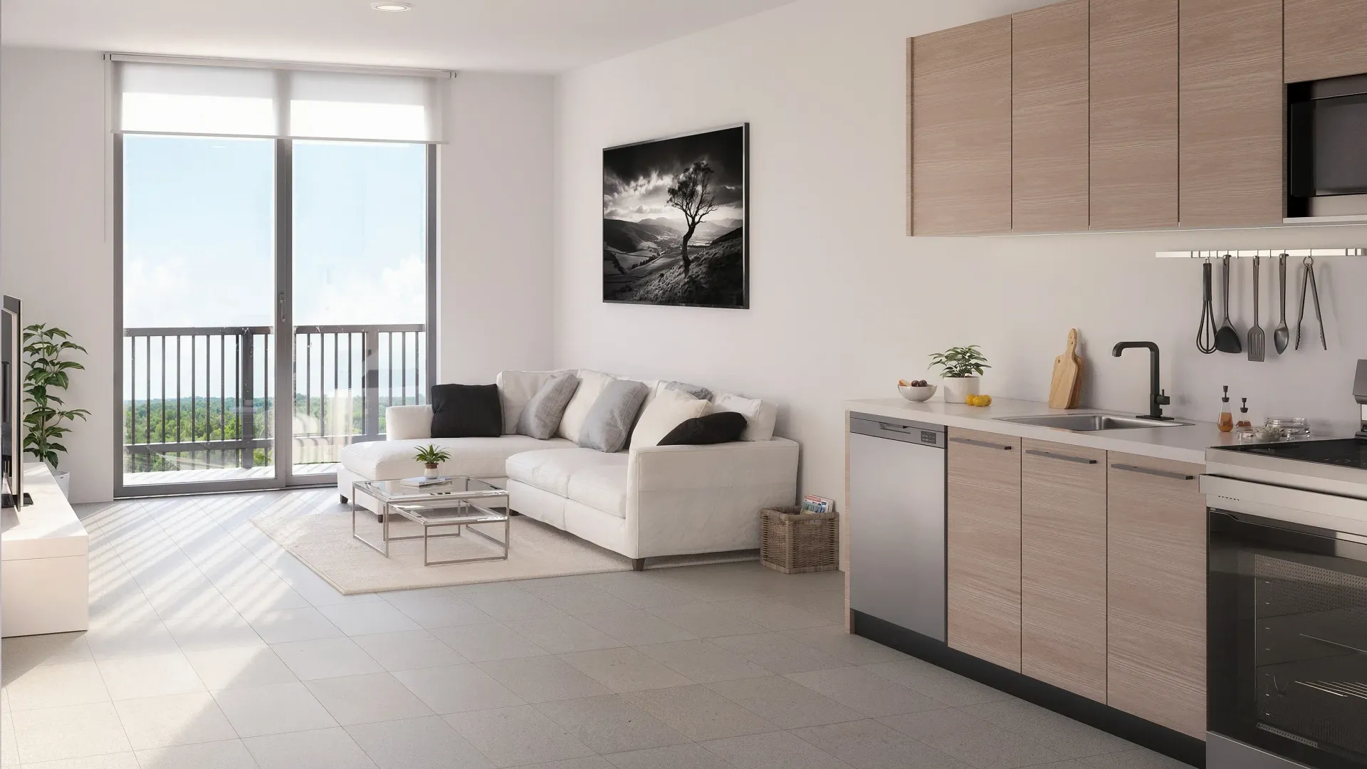 Open-plan living area with a beige sofa and modern kitchen; sliding balcony doors to the outdoors.