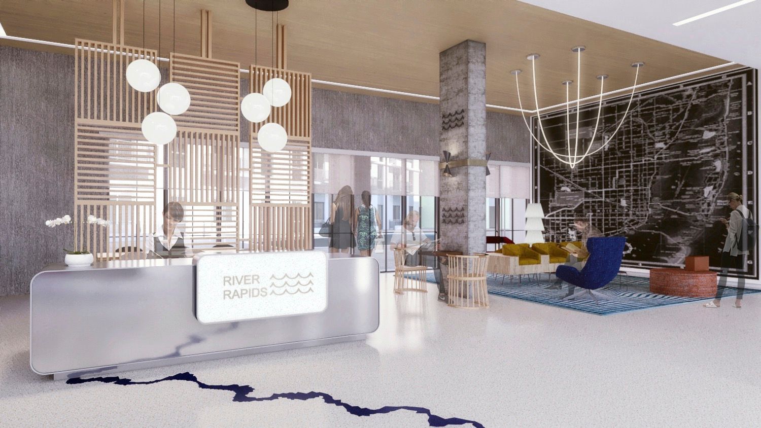 Modern hotel lobby with a reception desk, waiting area, and decorative light fixtures.