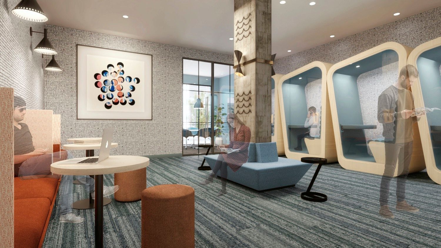 Modern office co-working space with booths, seating, art, and people working.