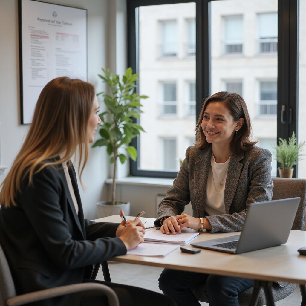 Twee vrouwen in pak zitten aan een bureau, de ene met blond haar, de andere met bruin haar, glimlachend. Er liggen papieren en een laptop voor hen.