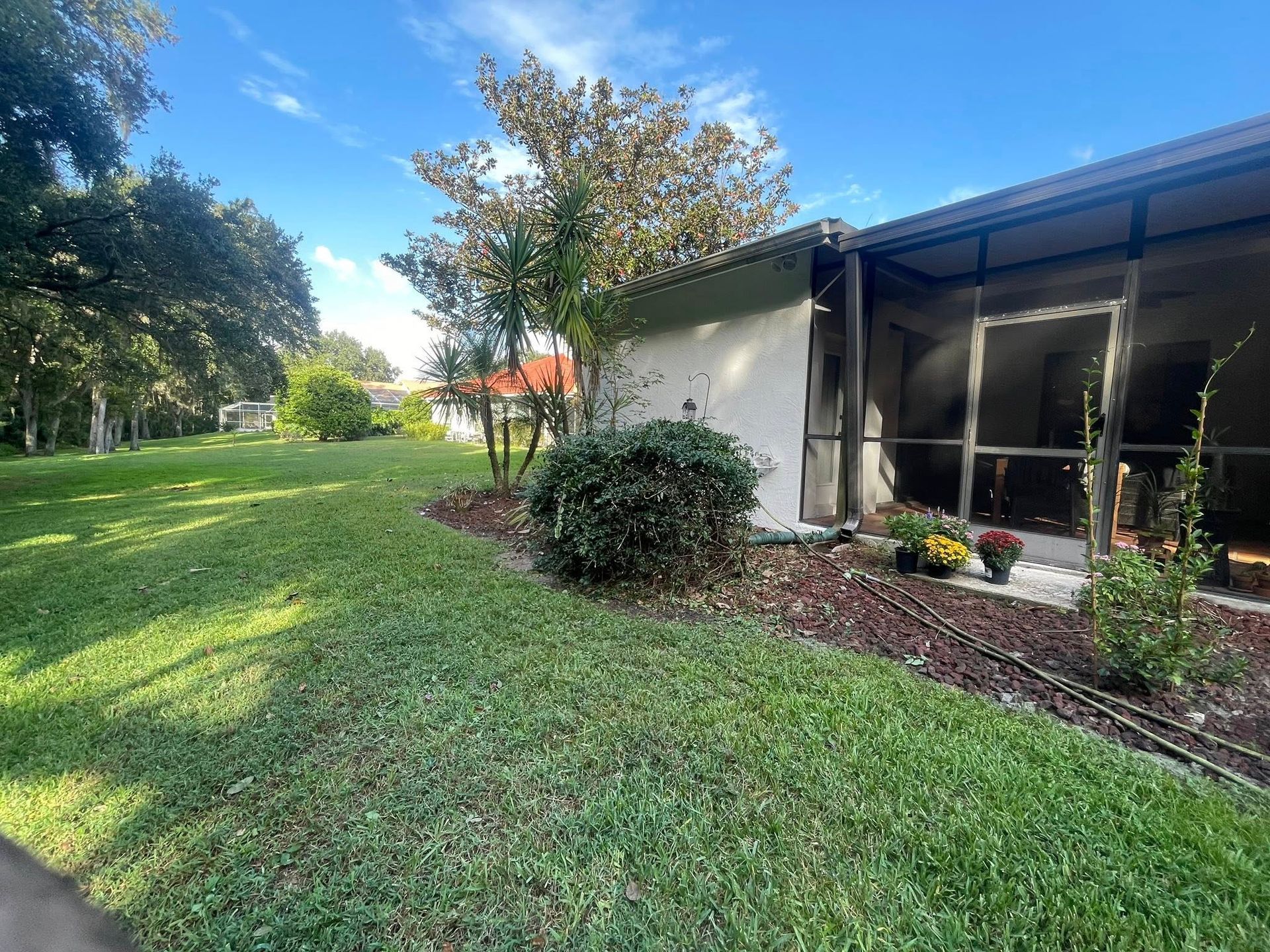 Lawn with green grass, shrubs, and a house with a screened porch on a sunny day.