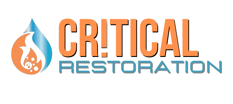 Logo: orange text "CRITICAL" with exclamation point, blue "RESTORATION" below; teardrop with fire/water.