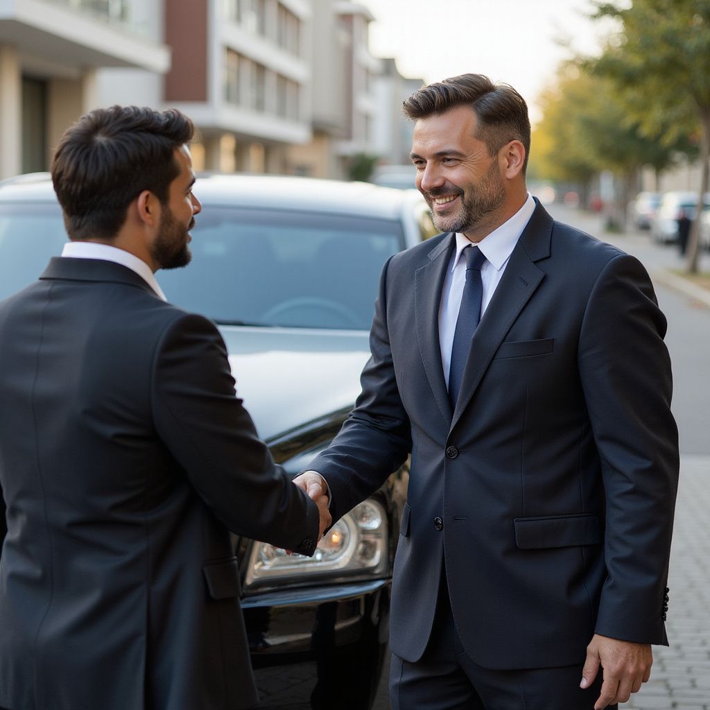 Deux hommes en costume se serrent la main devant une voiture noire dans une rue de la ville.