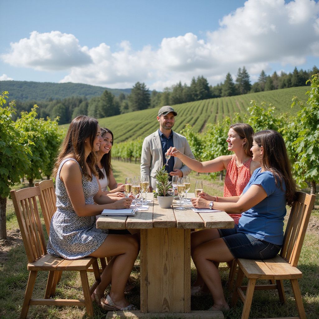 Groupe de personnes dégustant du vin à une table dans un vignoble, par une journée ensoleillée.