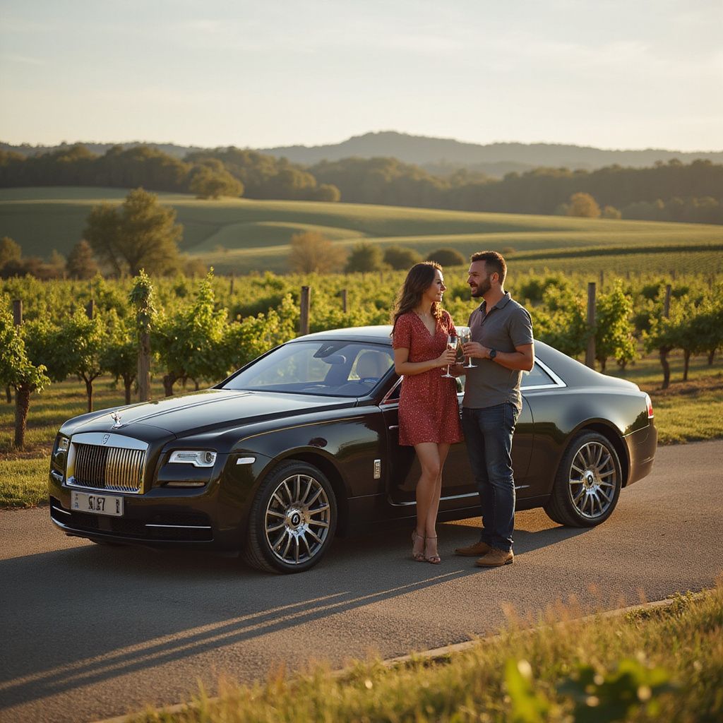 Un couple dégustant des coupes de champagne à bord d'une Rolls-Royce noire, au milieu d'un vignoble.