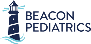 Navy blue lighthouse logo with the words "BEACON PEDIATRICS" in dark blue.