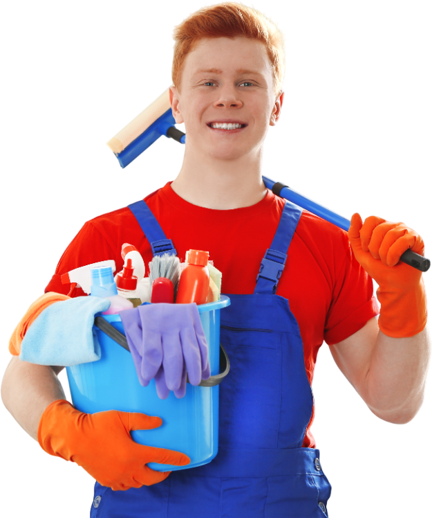 a man in overalls is holding a bucket of cleaning supplies