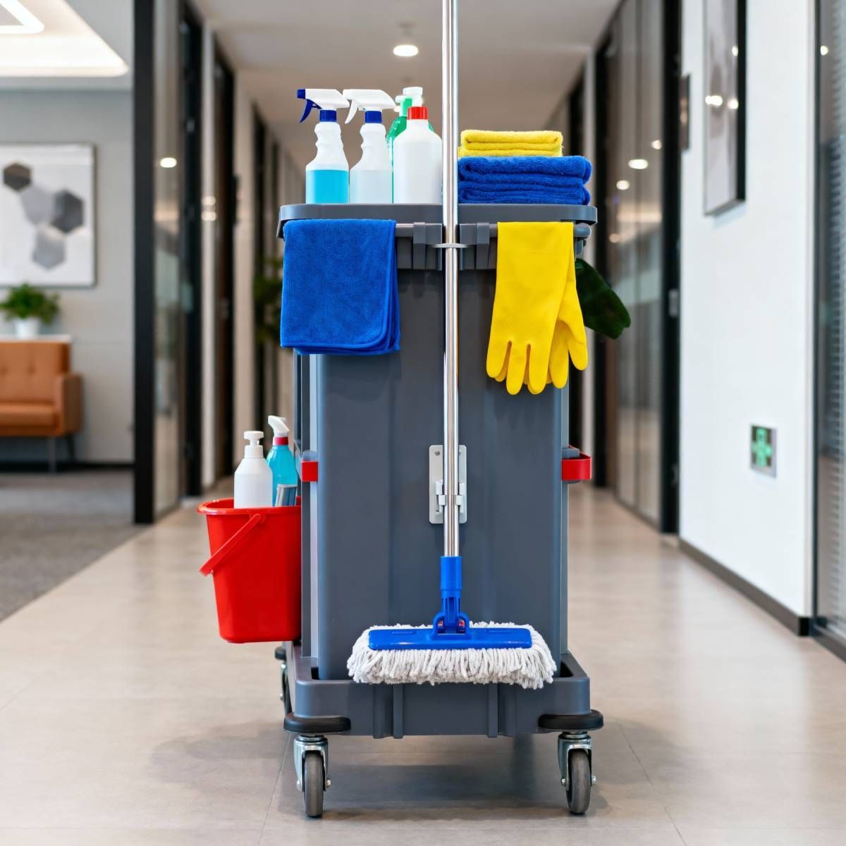 A grey cleaning cart with spray bottles, cleaning supplies, and a mop in a hallway.