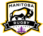 Logo for Manitoba Rugby featuring a black bison, text, and a purple crocus flower on a gold and black shield.