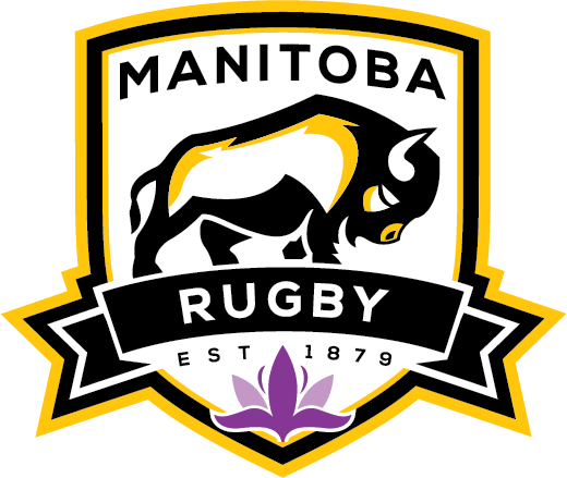 Logo for Manitoba Rugby featuring a black bison, text, and a purple crocus flower on a gold and black shield.
