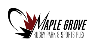 Logo for Maple Grove Rugby Park & Sports Plex featuring a rugby ball integrated into a black and maroon maple leaf.