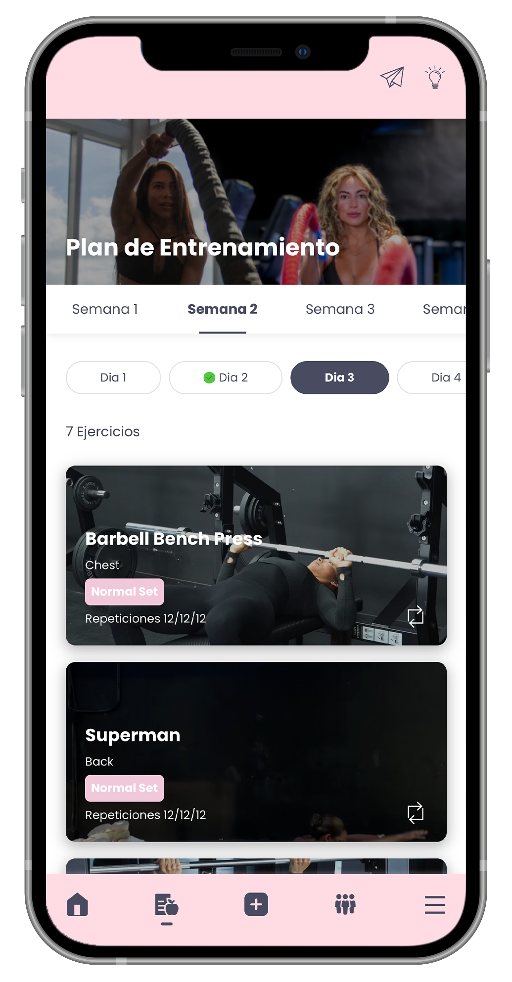 Danielle Amato, holding a weight plate. Bodi By Dani App includes workout selection options.