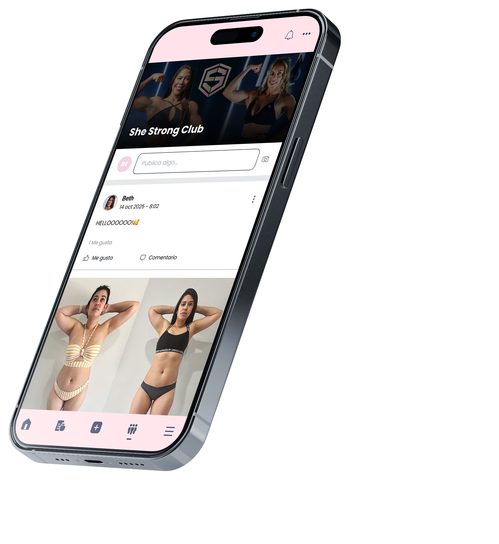 Smartphone showing an app interface with text, CRECE Planes de entrenamiento y nutrición